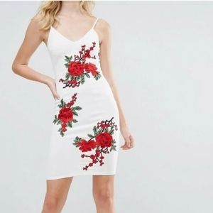 Parisian White Rose Embroidered Strappy Cami Bodycon Dress